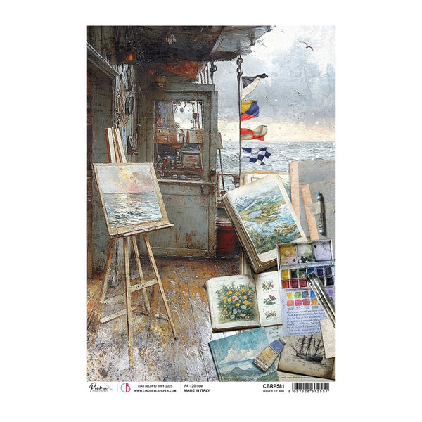 Artistic depiction of an artist's studio with easels, paintings, and art supplies by the sea.