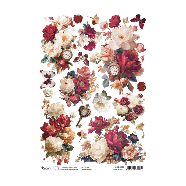 Decorative sheet with floral and clock designs on a white background