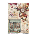 Decorative paper with floral design, clock, and vintage bookshop illustration.