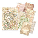 Set of decorative paper sheets with vintage and floral designs on a white background