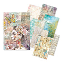Collection of artistic paper sheets with floral and butterfly designs on a white background