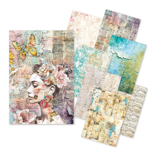 Collection of artistic paper sheets with floral and butterfly designs on a white background