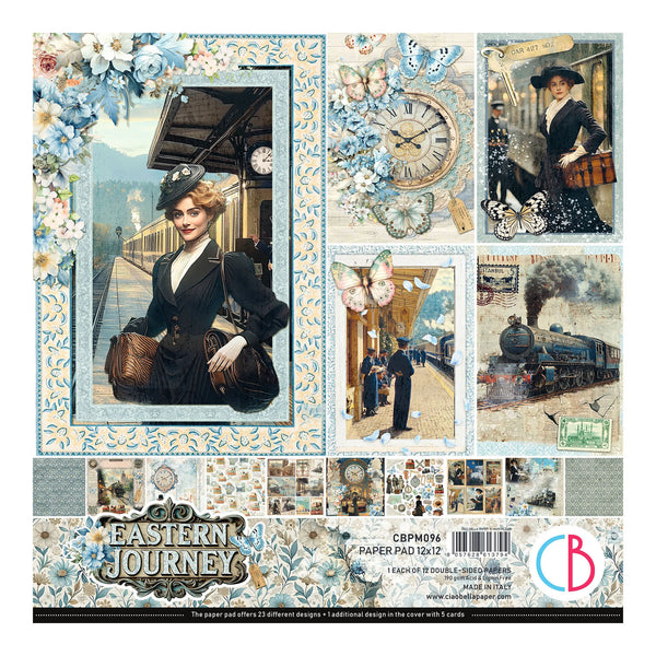 Collage of vintage-themed paper pads with scenic and character illustrations, featuring a woman in a hat and coat.
