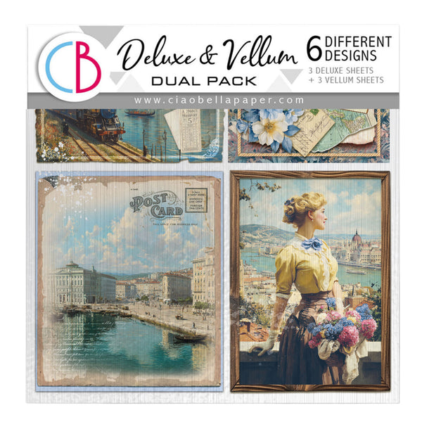 Ciao Bella Deluxe & Vellum Dual Pack with vintage-themed paper designs on a white background.
