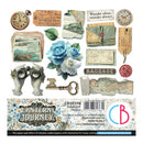 Collection of vintage-themed paper elements with text and branding on a white background