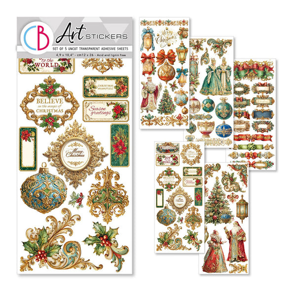 Christmas-themed sticker sheets with decorative elements on a white background