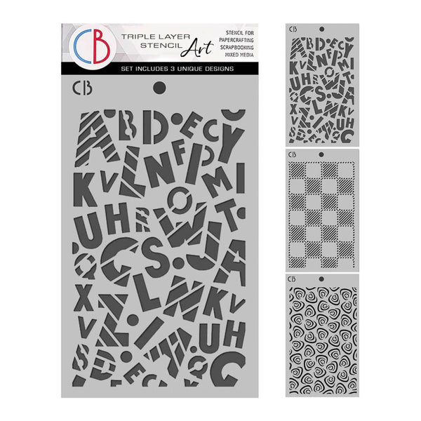 Triple layer stencil set with various patterns on a white background