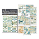 Set of mixed media stickers with decorative designs on a white background