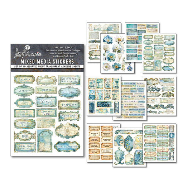 Set of mixed media stickers with decorative designs on a white background