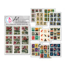 Set of art stickers with various designs on a white background