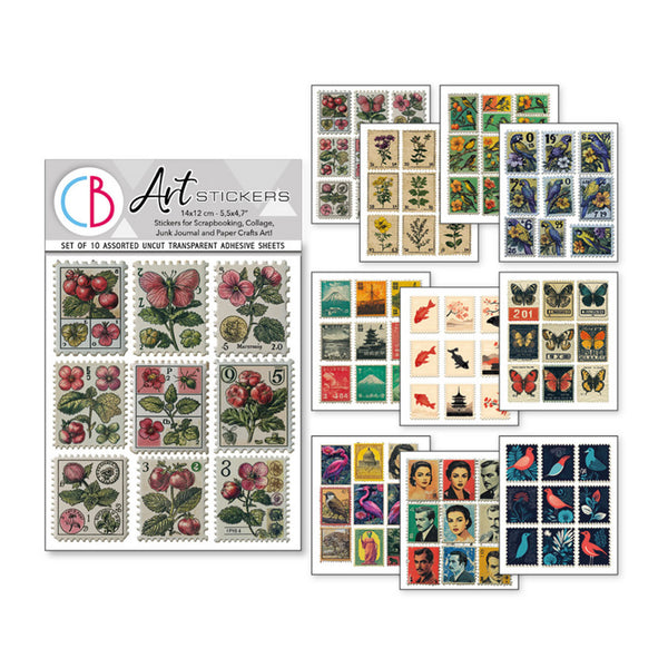 Set of art stickers with various designs on a white background