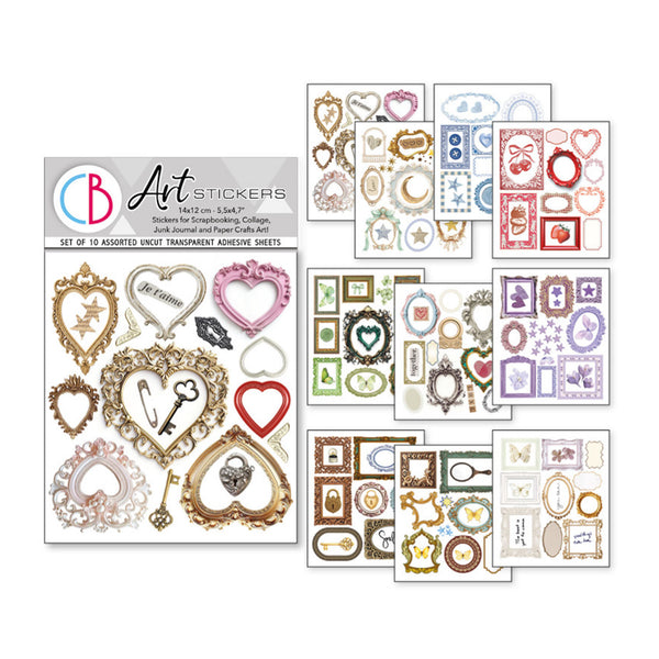 Set of decorative art stickers with various designs on a white background