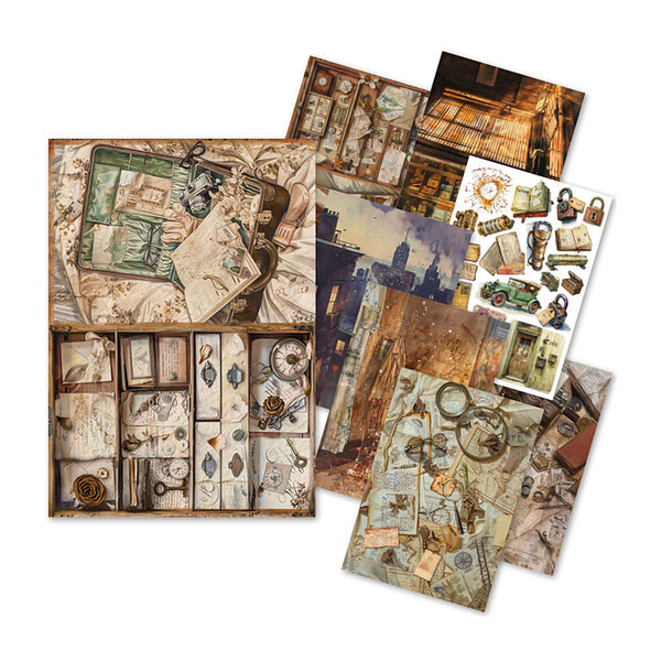 Collection of vintage-style paper sheets and a box with intricate designs on a white background
