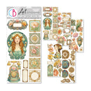 Artistic stickers with decorative elements and a woman's portrait on a white background
