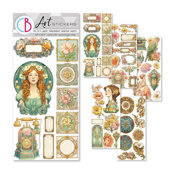 Artistic stickers with decorative elements and a woman's portrait on a white background