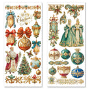 Decorative Christmas stickers with Santa Claus, ornaments, and vintage-style designs on a white background.