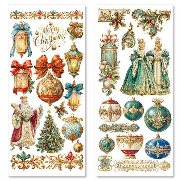 Decorative Christmas stickers with Santa Claus, ornaments, and vintage-style designs on a white background.