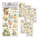 Set of children's stickers with animals, hot air balloons, and decorative elements on a white background.