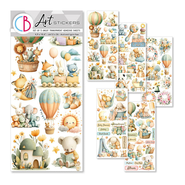 Set of children's stickers with animals, hot air balloons, and decorative elements on a white background.