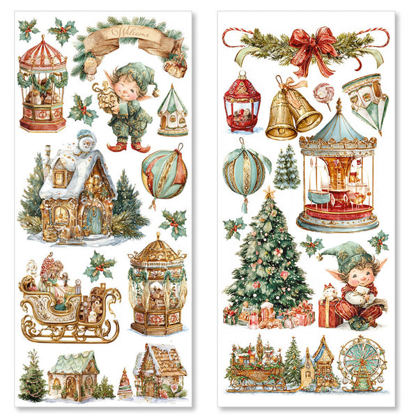 Two Christmas-themed sticker sheets with festive elements like elves, trees, and lanterns on a white background.