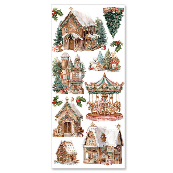 Sheet of Christmas-themed stickers featuring houses and a carousel on a white background.