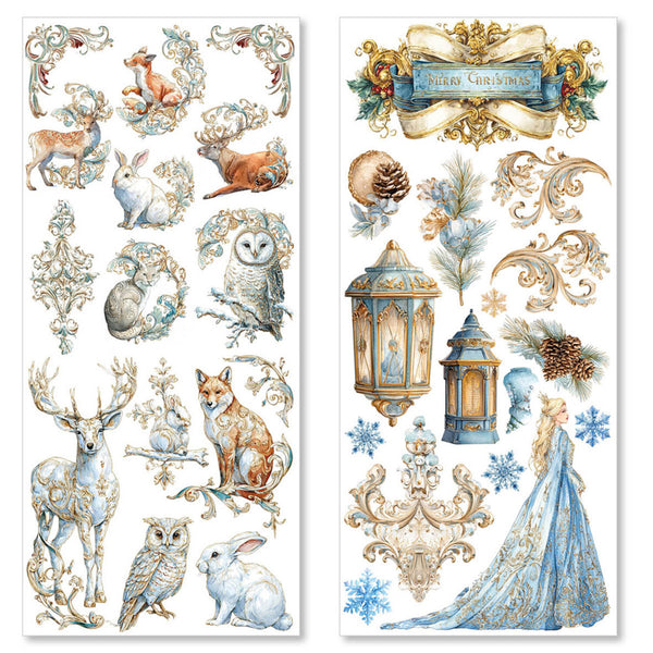 Decorative stickers with animals, lanterns, and ornaments on a white background