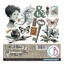 Vintage-themed paper cutouts with decorative elements on a white background