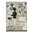 Sheet of decorative paper with vintage design elements including a woman, flowers, and text.
