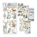 Set of nature-themed art stickers with animals and landscapes on a white background