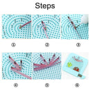 Step-by-step guide with images showing a crafting process on a blue pegboard.