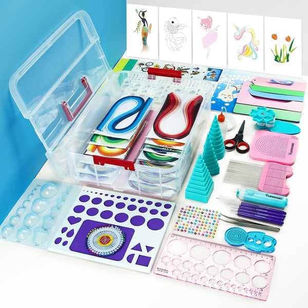Crafting kit with tools and materials on a blue background