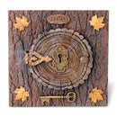 Decorative wooden plaque with keyhole, key, and 'BELIEVE' sign on a tree bark background.