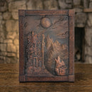 Decorative wall plaque with wolf and castle design on a stone background