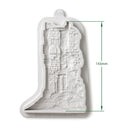 Castle-shaped cookie cutter with measurements on a white background
