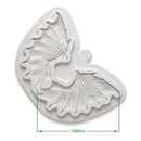 Silver butterfly-shaped object with measurements on a white background