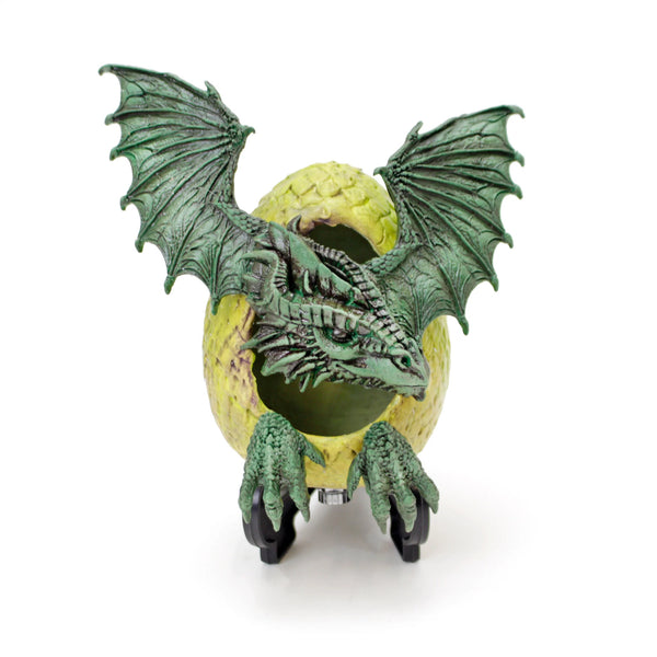 Green dragon figurine on a yellow spherical base with a white background
