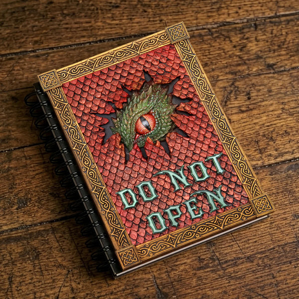 Decorative book with 'Do Not Open' embossed on the cover, featuring a dragon design, on a wooden surface.