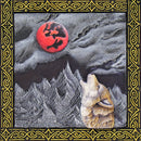 Wolf howling at a red moon with a decorative border