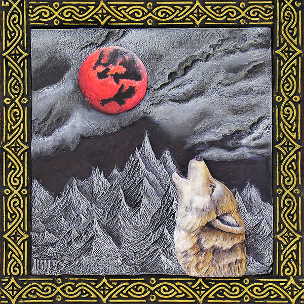 Wolf howling at a red moon with a decorative border