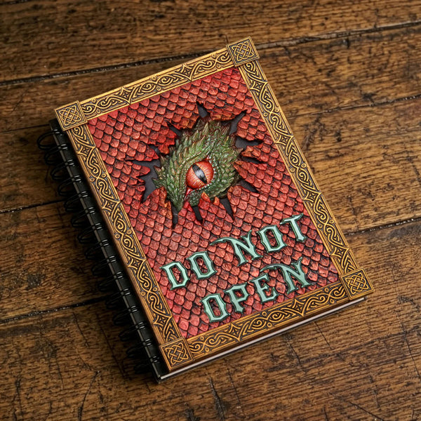 Decorative book with dragon design and 'Do Not Open' text on a wooden surface