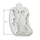 Silicone mold of a fairy with dimensions and Katy Sue Designs logo on a white background