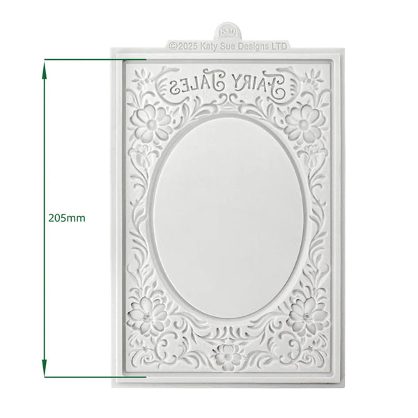 Decorative white card with floral patterns and measurements on a white background