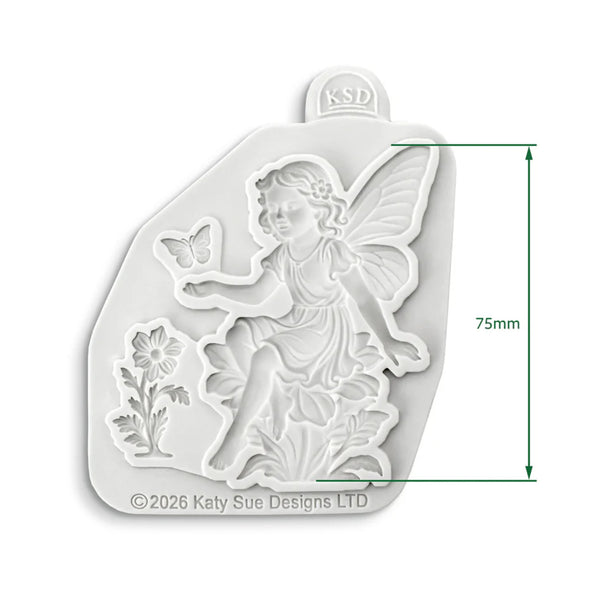 Silicone mold with fairy design and dimensions, branded 'Katy Sue Designs'.