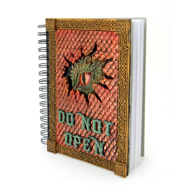 Decorative notebook with dragon design and 'Do Not Open' text on a white background