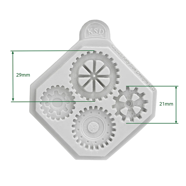 Hexagonal gear-shaped mold with dimensions on a white background