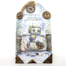 Decorative card with a robot design and text on a white background