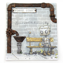 Illustration of a robot sitting on a bench with a sign that reads 'Skinner Street' and 'Spread a little kindness every day'.