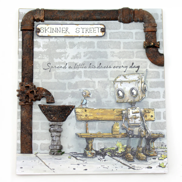 Illustration of a robot sitting on a bench with a sign that reads 'Skinner Street' and 'Spread a little kindness every day'.