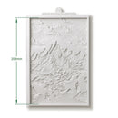 Textured wall art with mountain and ship design, showing dimensions on a white background.