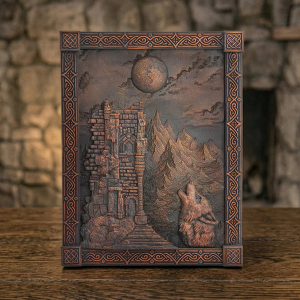 Decorative wall plaque with wolf and castle design on a stone background